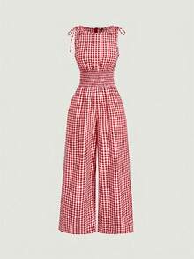SHEIN MOD 女款夏季休閒格紋無袖連身褲 - 紅白色 - 查看 2
