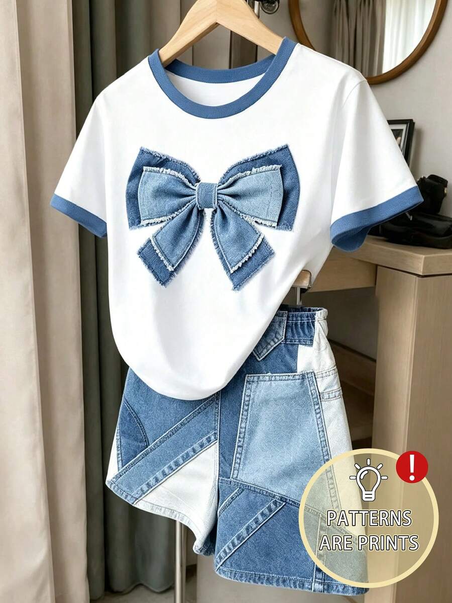 女童 2 件組休閒時尚套裝，春夏秋冬四季適用，簡約風格，附假蝴蝶結與彩色印花短袖 T 恤和短褲，美式風格，8Y-12Y 女童百搭穿搭 - 白色 - 查看 1