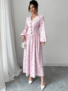 Modelyn 女士梭织印花荷叶边长袖纽扣腰A字连衣裙 - 粉色 - 查看 4