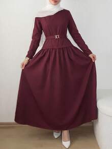 Solavon Women's Solid Color Pleated Casual Modest Elegant Party Everyday Bday Autumn Long Dress Dark Red - Burgundy - View 4