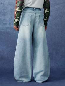 PAVTROS Men's Loose Fit Wide Leg Casual Denim Jeans With Pockets - Light Wash - View 2
