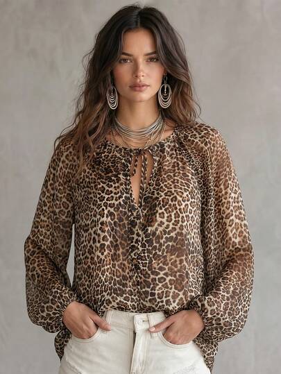 Solivie Women's Fashion Leopard Print Tie-Up Long Sleeve Sexy Blouse