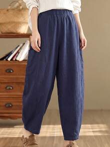 SHEIN Women's Vintage Casual Lantern Pants Loose Comfortable Pumpkin Pants Ramie Linen - Dusty Blue - View 5