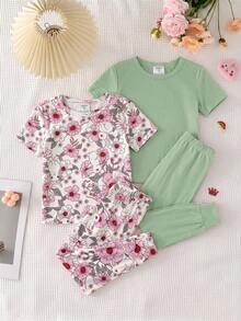 SHEIN 女童休閒極簡修身舒適圓領短袖長褲家居服套裝，適合春夏，4件套 - 彩色 - 查看 5