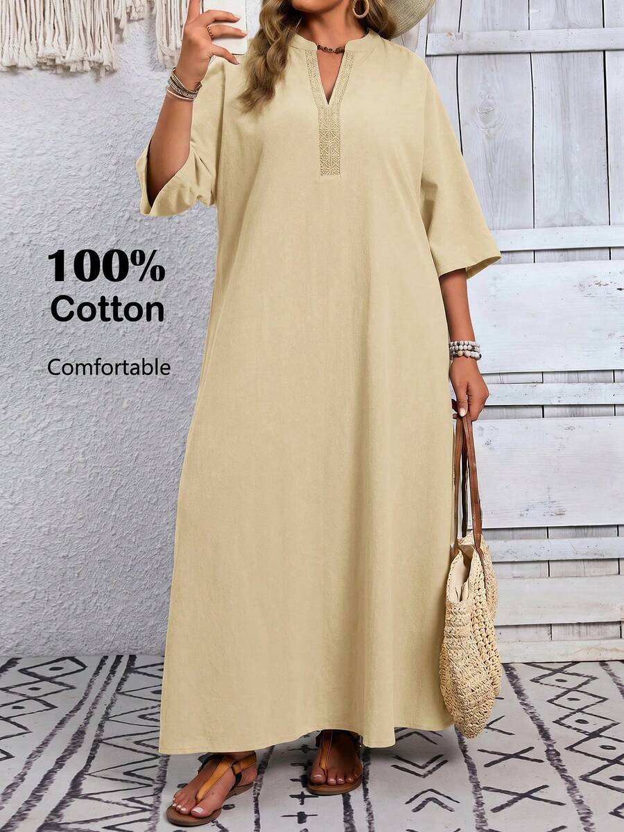 EMERY ROSE Plus Size Women's Summer Casual Boho Bohemian Traditional Vacation Country Solid 3/4 Sleeve Long Dress Going Out Brunch Outfits Beach Flowy Fall Beige - Apricot - View 1