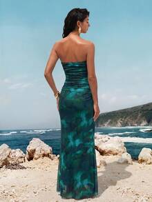 Opulessa Knitted Mesh Printed Fitted Strapless Mermaid Dress For Women Wedding Dinner Vacation Teal Green Summer Jamaican European - Blue - View 2