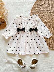 SHEIN Vintaside Kids Cute Baby Girl Red And White Polka Dot Dress, With Bow Decoration, Ruffle Long Sleeve Front Button Casual Soft Comfortable Fabric, Spring Autumn Wear - Black and White - View 5