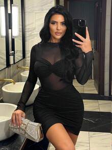 SHEIN SXY 女士性感网眼透明圆领长袖荷叶边迷你连衣裙 - 黑色 - 查看 5