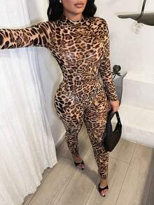 SHEIN SXY 性感豹纹网纱连体裤，适合派对穿着 - 杏色 - 查看 1