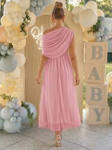Loomaby Maternity Solid Color Pleated Asymmetric Neck Elegant Dress - Pink - View 6