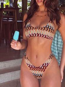 SHEIN Swim 彩色钩编纹理连体泳衣，挂脖式，修身斑马纹比基尼套装，斑马纹罩衫，连体比基尼套装，女士比基尼套装，女士泳装，连体度假装，女士比基尼套装 - 彩色 - 查看 1