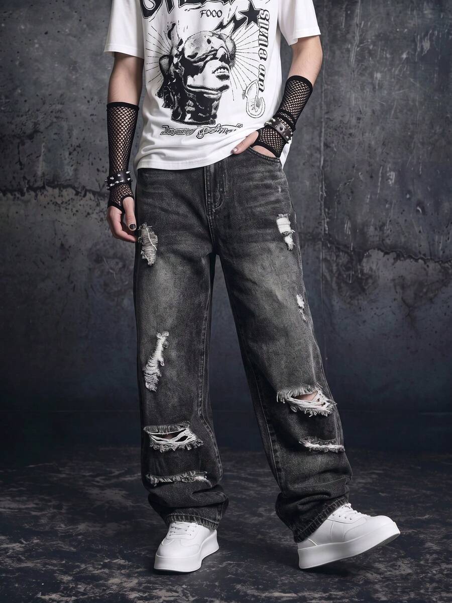 Vyqestra Men's Casual Distressed Loose Fit Slant Pocket Denim Jeans, Autumn Romwe Men Emo Ripped Baggy Manfinity Legnd Cotton Splash Ink Drip - Dark Grey - View 1