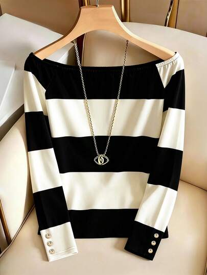 SHEIN Franclia Women's Elegant Striped Off-Shoulder Fitted Long Sleeve T-Shirt, Spring Top, Casual Top, Elegant Top, Y2K, Graduation, Holiday, Vacation, Commute, Going Out