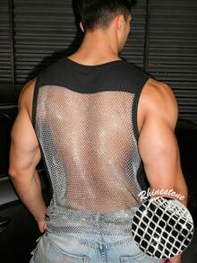 Manfinity Dauomo Casual Fashion Rhinestone Fishnet Patchwork Men's Tank Top - Black - View 1