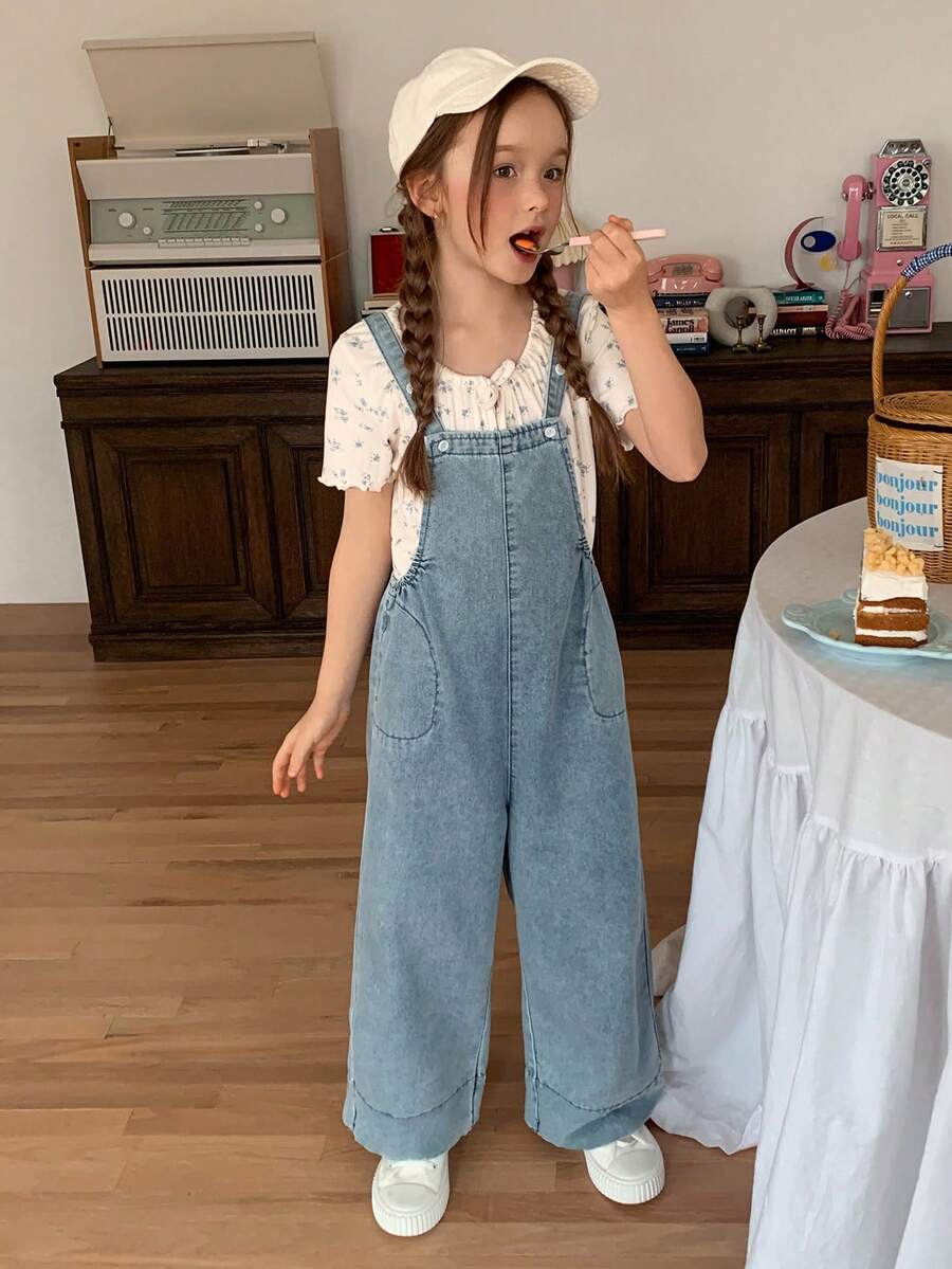 DAZY Young Girl Fashion Versatile Pocket Loose Wide Leg Denim Overalls Fall - Light Wash - View 1