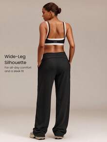 GLOWMODE 28" Modal Ribbed Glow Easy High-Waisted Wide Leg Joggers With Adjustable Drawstring & Side Pockets Training Workout Daily Active Casual - Black - View 2