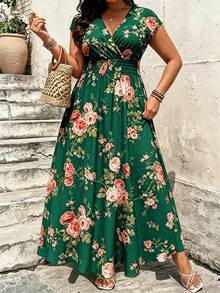Breezaya Plus Size Women's New Printed Slimming Leg-Lengthening V-Neck Elastic Waist Summer Casual Vacation Style Dress - Multicolor - View 3