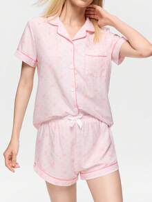 Bonmuse Polka Dot Bow Print Women Bubble Crinkle Short Sleeve Shorts Pajama Set - Pink - View 8