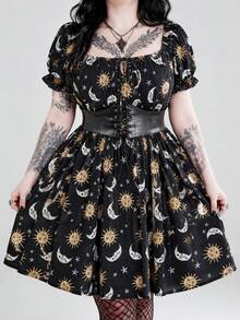 ROMWE Hippie Fairycore Vintage Mori Style Sun Moon Star Print Pattern Square Neck Spaghetti Strap Puff Sleeve Elastic Waist Plus Size Short Dress - Black - View 5
