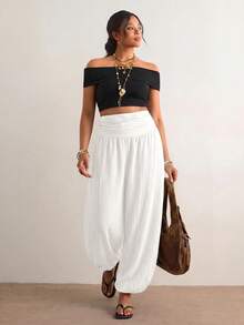 Freevana Pantalones de Linterna de unicolor Casual y Versátil Talla Grande - Blanco - Ver 6