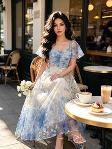 Modelyn Spring/Summer Gentle Style Romantic Elegant Gradient Blue And White Floral Print Pleated Dress Vacation - Multicolor - View 4