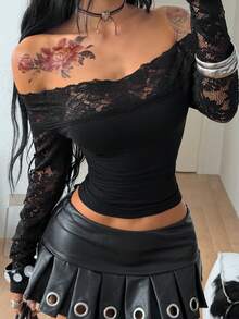 Coolane 女款春季巫女哥德風音樂節十字圖案蕾絲拼接露肩上衣，X 神秘之心 - 黑色 - 查看 6