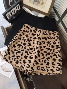 SHEIN Franclia 時尚休閒通勤百搭丹寧效果印花紋理軟面料高腰開衩女款短褲/裙/寬腿褲/熱褲 - 彩色 - 查看 2