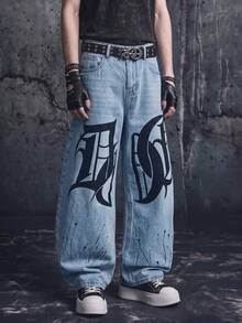 Vyqestra Men's Letter Print Slant Pocket Loose Fit Casual Wide Leg Jeans - Light Wash - View 1