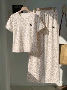 SHEIN EZwear 2件組刺繡圓領短袖上衣與條紋印花長褲，休閒風 - 彩色 - 查看 5