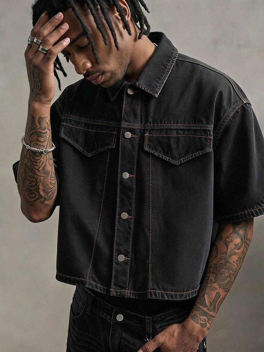 AXEPEAK Men's Single-Breasted Casual Versatile Daily Denim Jacket - Black - View 1
