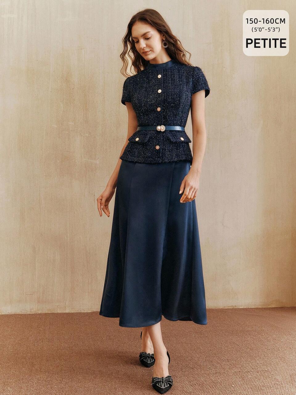 Anewsta Elegant Navy Blue Tweed & Satin Patchwork Party Dress With Sophisticated Lady Style