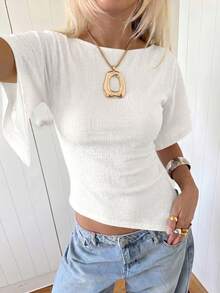 Lumalex Women's Knitted Textured Waist-Cinched Asymmetrical Hem T-Shirt - White - View 9