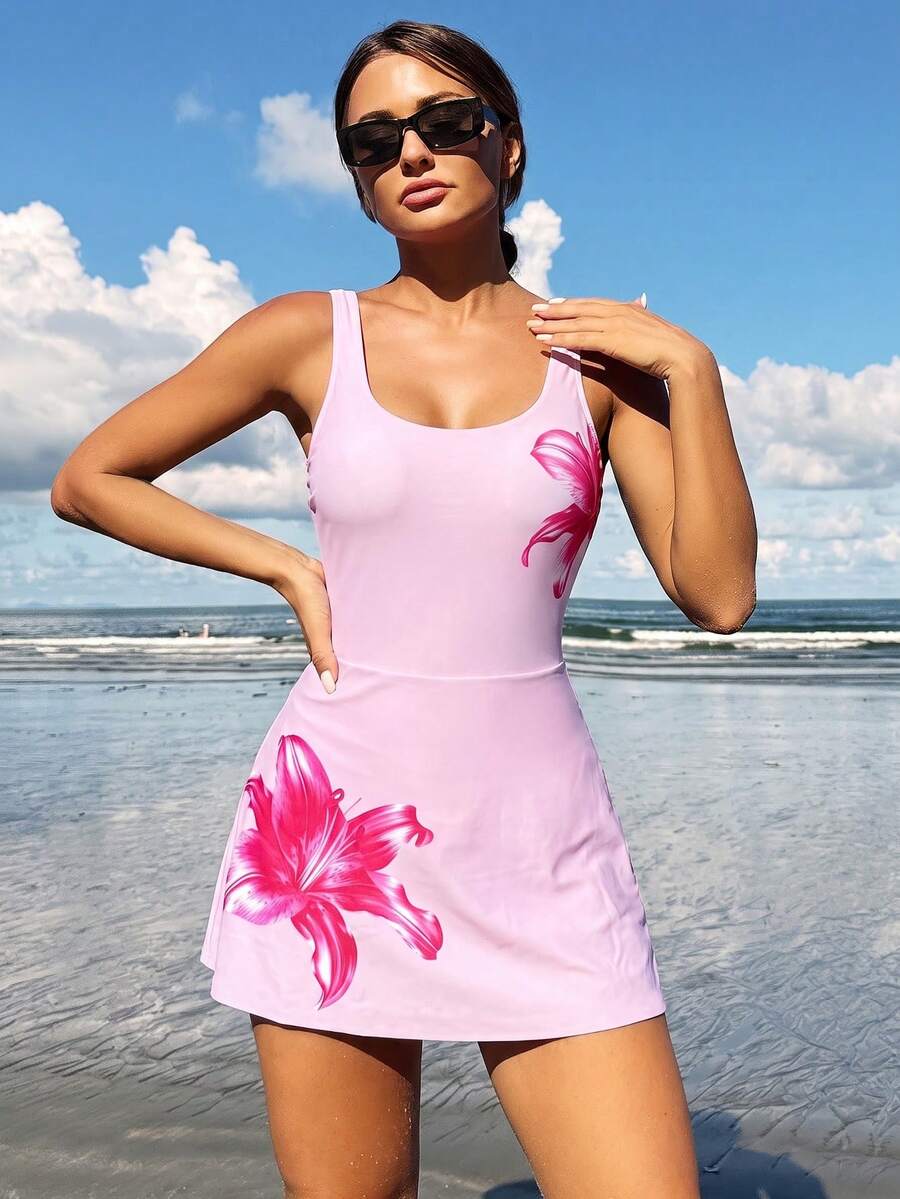 Swim Lushoire 女款純色圓領海灘度假泳裙，夏季泳裙