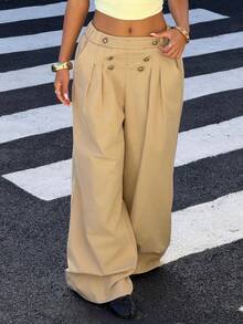 Muchica Autumn Outfits Office Everyday Work Wear For Women Casual Loose-Fitting Khaki Napoleon Woven Trousers - Khaki - View 3