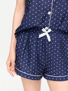 Bonmuse 2件套迷你波点印花女士夏季撞色滚边Polo领纽扣上衣和蝴蝶结短裤睡衣家居服套装，适合居家穿着 - 寶藍色 - 查看 8