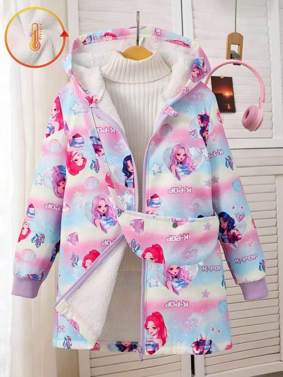 SHEIN 女童紫色公主角色肖像印花毛絨外套,口袋裝飾冬季外套,適合寒冷冬季 - 彩色 - 查看 1