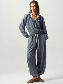 Bohemela Herbst Lässig einfarbiger gestrickter gewaschener lockerer Schnitt Damen Jumpsuit Reise Grau - Dunkelgrau - Übersicht 5