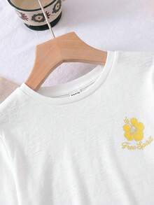 SHEIN LMoss Kids LMoss 青少年女孩針織純色寬鬆短袖上衣與短褲休閒套裝 - 黃色 - 查看 4