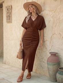 EMERY ROSE 1pc Women's Solid Color V-Neck Batwing Short Sleeve Ruched Slit Bottom Elegant Dress Maxi Women Outfit - Coffee Brown - View 3