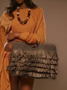MUSERA Layered Straw Fringe Bamboo Top Handle Tote Beach Bag Spring Summer Beach Swim Festival Vacation Cute Daily - dark brown - View 5