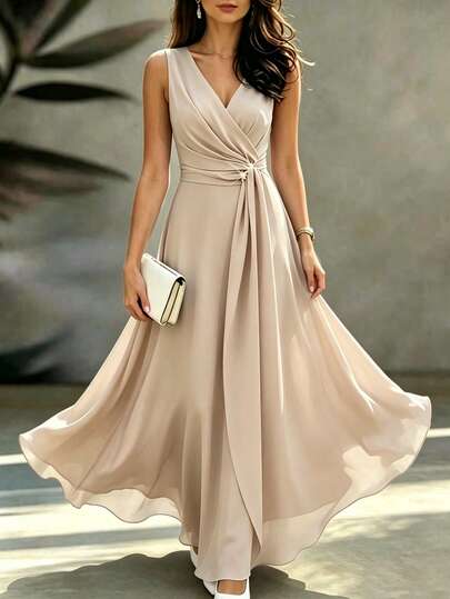 SHEIN Women's New V-Neck Elegant Long Sleeveless Dress, Party Dress, Date Dress,