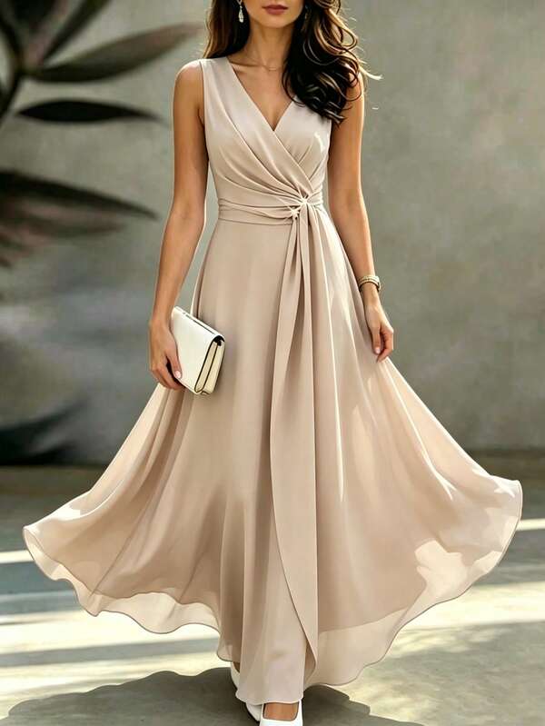SHEIN Gaun Panjang Tanpa Lengan Elegan Model V-Neck Terbaru untuk Wanita, Gaun Pesta, Gaun Kencan,