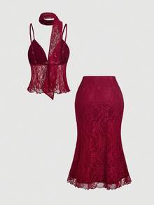 SHEIN MOD 女款蕾絲拼接細肩帶上衣與裙子性感約會套裝 - 酒紅色 - 查看 4