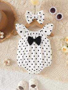 SHEIN Vintaside Kids 新生兒甜美可愛波點荷葉袖連身衣與髮帶套裝 夏季款 - 黑與白 - 查看 3