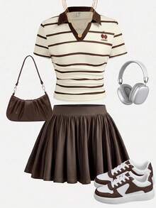SHEIN Girlism 兒童青少年女孩全印花 Polo 衫甜酷學院風套裝，拼色條紋全印花 Polo 領櫻桃印花短袖百搭上衣搭配迷你 A 字裙，時尚日常穿搭返校 T 恤套裝 - 咖啡棕 - 查看 2
