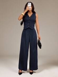SHEIN PETITE Summer Fashion Commute Casual Striped Vest Pants 2 Pieces Set Business Work Navy Blue - Multicolor - View 5