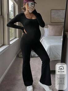 SHEIN Maternity Solid Color Minimalist Simple Versatile Long Sleeve Flared Leg Jumpsuit Autumn Photoshoot - Black - View 8