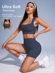 SHEIN Sovereign Charm 女款素色羅紋運動背心與短褲套裝 - Iron Gray - 查看 2