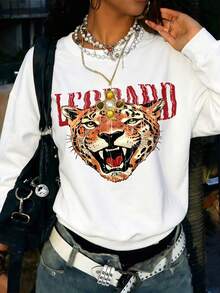 DrmWander Plus Size Women's Letter & Leopard Print Long Sleeve Casual Sweatshirt Fall - White - View 1