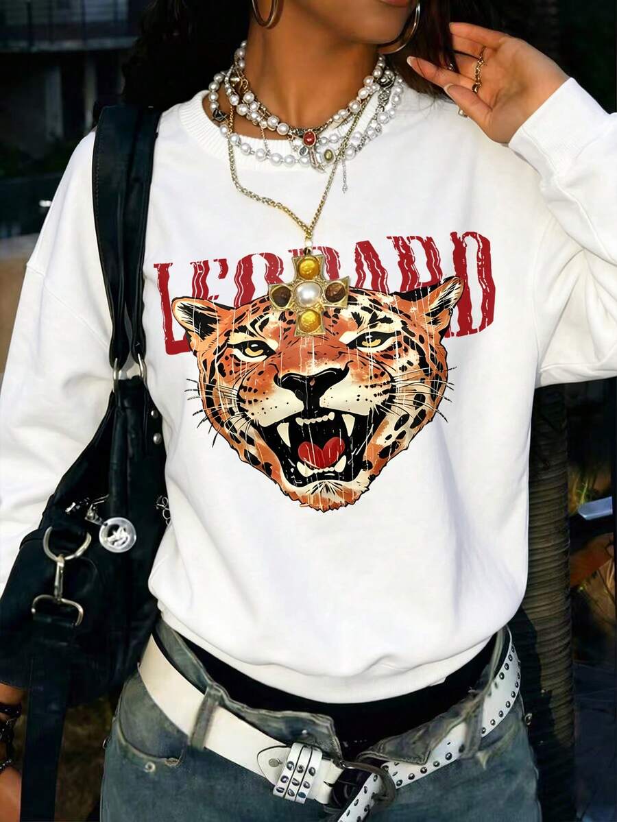 DrmWander Plus Size Women's Letter & Leopard Print Long Sleeve Casual Sweatshirt Fall - White - View 1